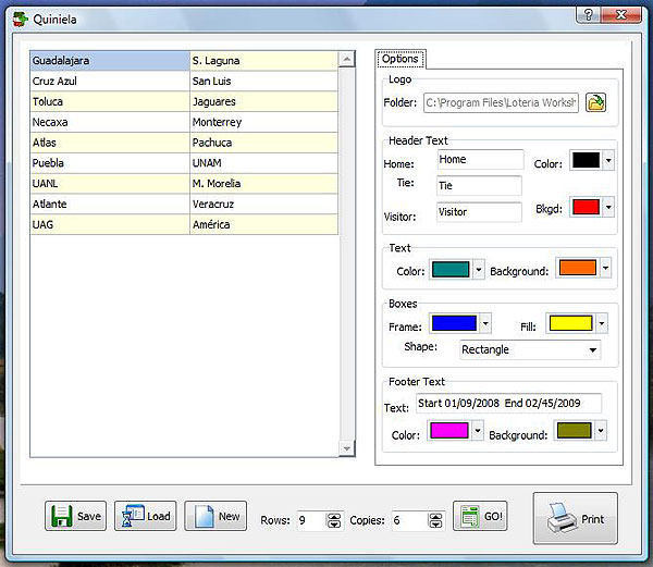 Loteria Workshop Quiniela maker printer screenshot